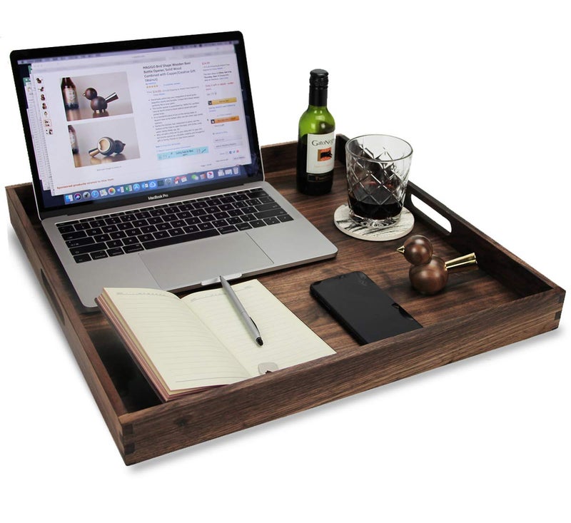 MAGIGO 19 x 19 Inches Large Square Black Walnut Wood Ottoman Tray with Handles, Serve Tea, Coffee Classic Wooden Decorative Serving Tray - Image 4